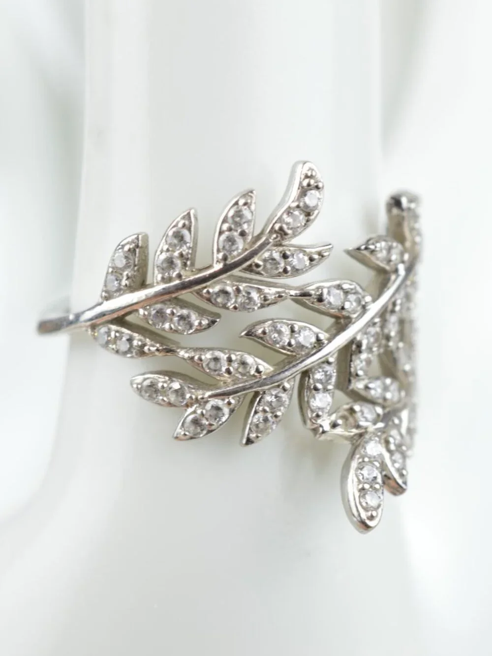 Kiera 925 Sterling Silver CZ Leaf Wrap Bypass Ring Size 7.75 Olive Branch 3.9g